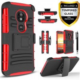 Moto E5 Plus Case, E5 Supra Circlemalls Dual Layers [Combo Holster] And Built-In Kickstand Bundled With [Tempered Glass Screen Protector] And Touch Screen Pen (Red)